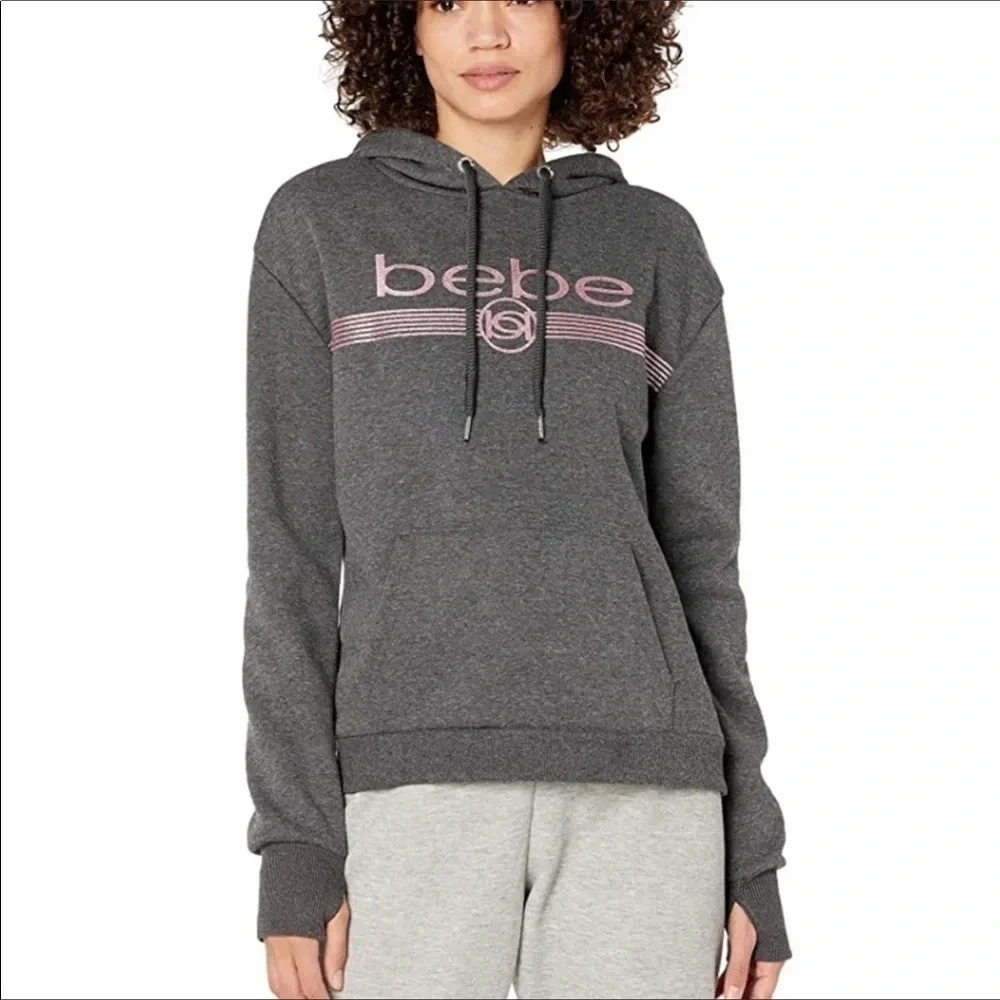 NWT Bebe Charcoal Heather Gray Long Sleeve Pullover Hoodie Size Medium v6x